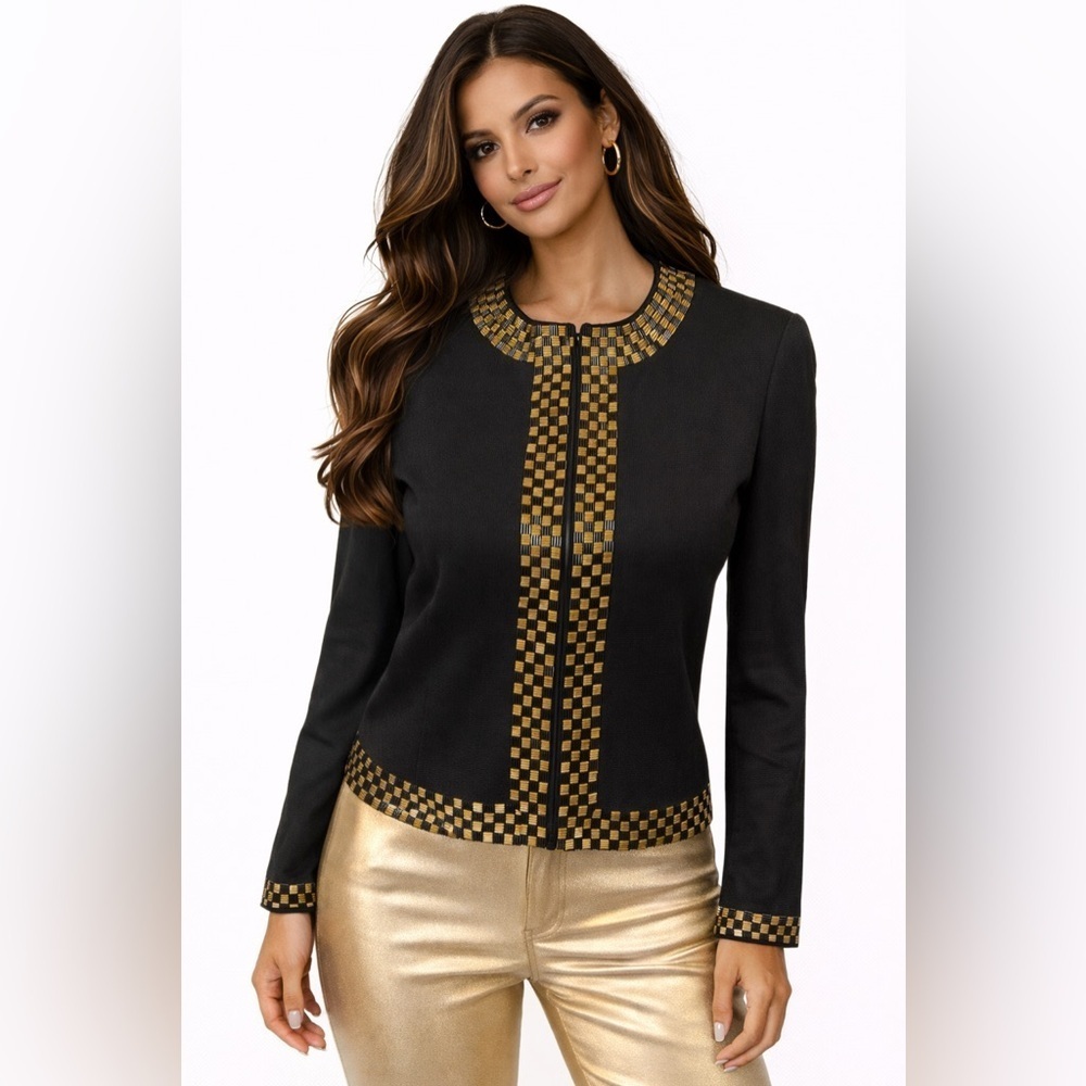 Evan Picone Black/gold Sweater Long Sleeve Size Petite Pit To Pit 17” (XS-S)